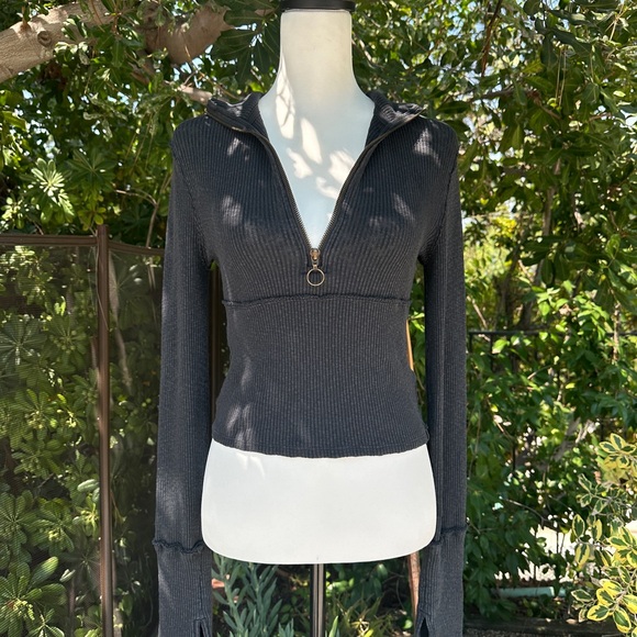 We The Free Charcoal Gray Ribbed Zip-Up Sweater - Picture 1 of 10